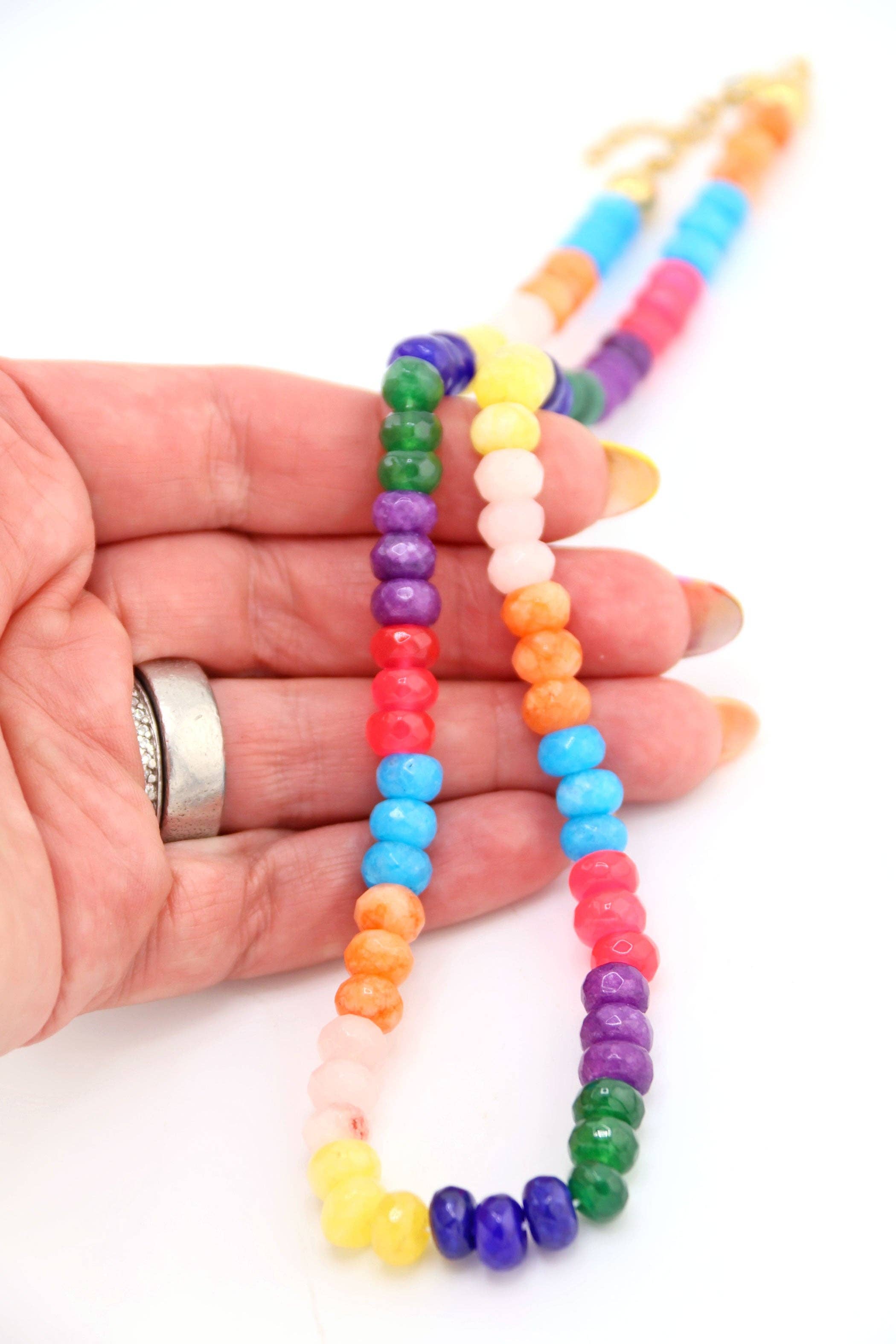 Bohemian Dyed Jade Gemstone Necklace, Bright Faceted Colorblock Beads, Adjustable 19–21"