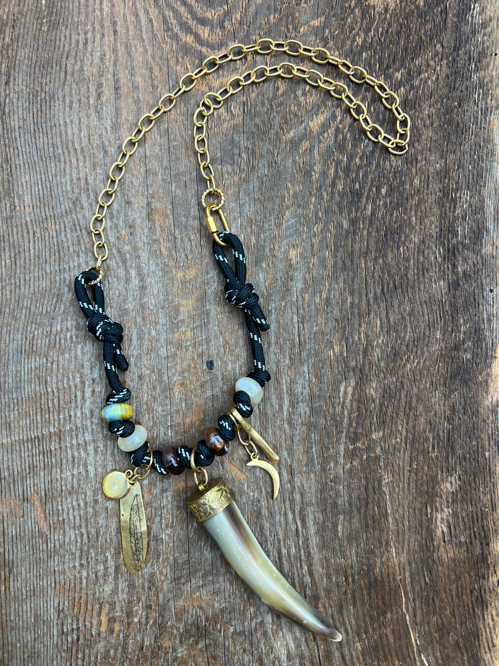 One-of-a-Kind Tied Black Paracord Horn Necklace – Wild Marigold