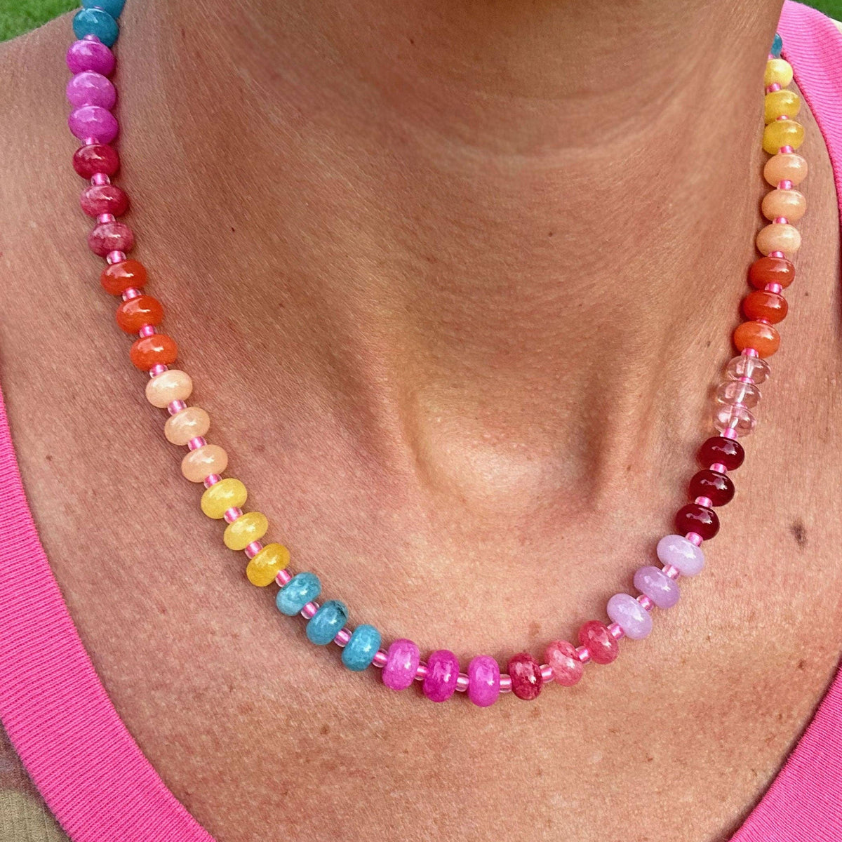Bohemian Dyed Jade Gemstone Necklace, Bright Faceted Colorblock Beads, Adjustable 19–21"