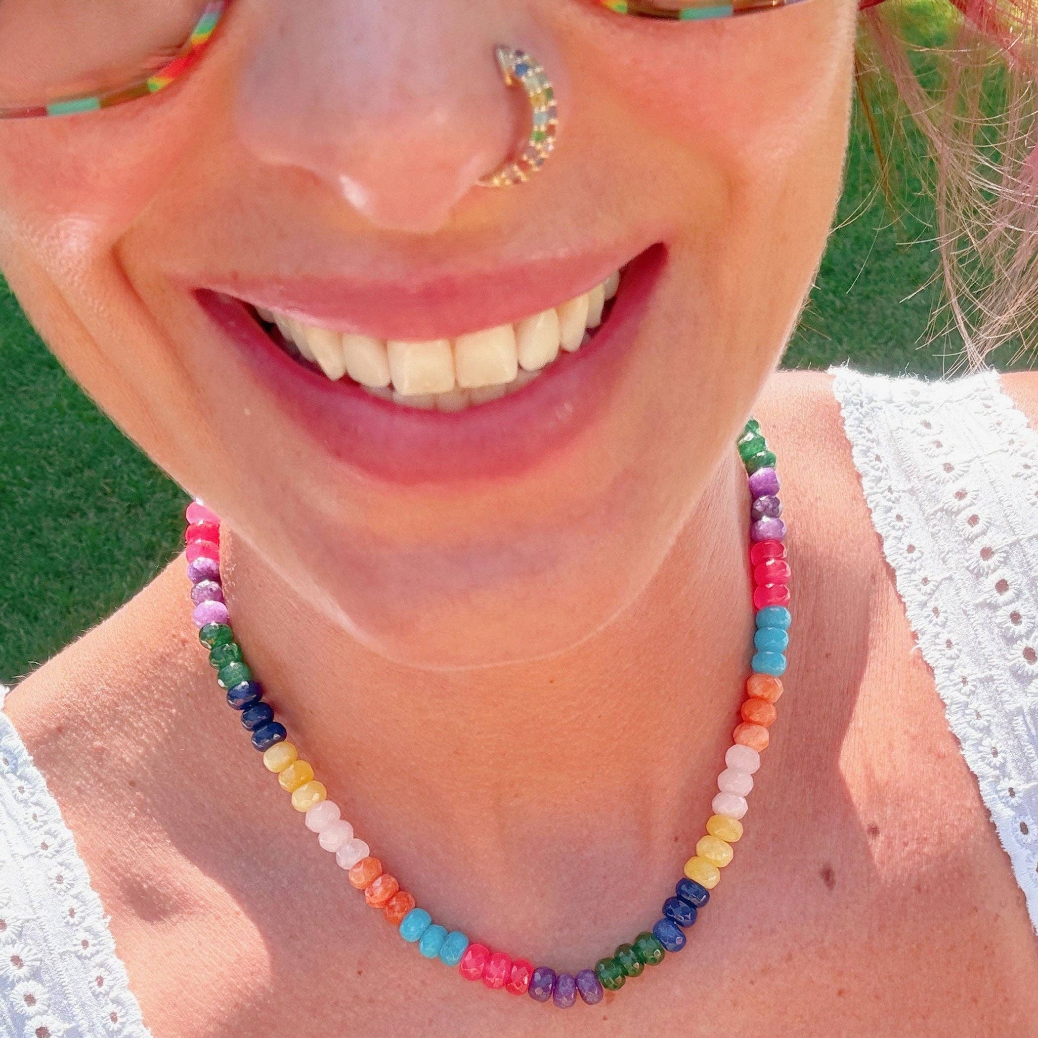Bohemian Dyed Jade Gemstone Necklace, Bright Faceted Colorblock Beads, Adjustable 19–21"