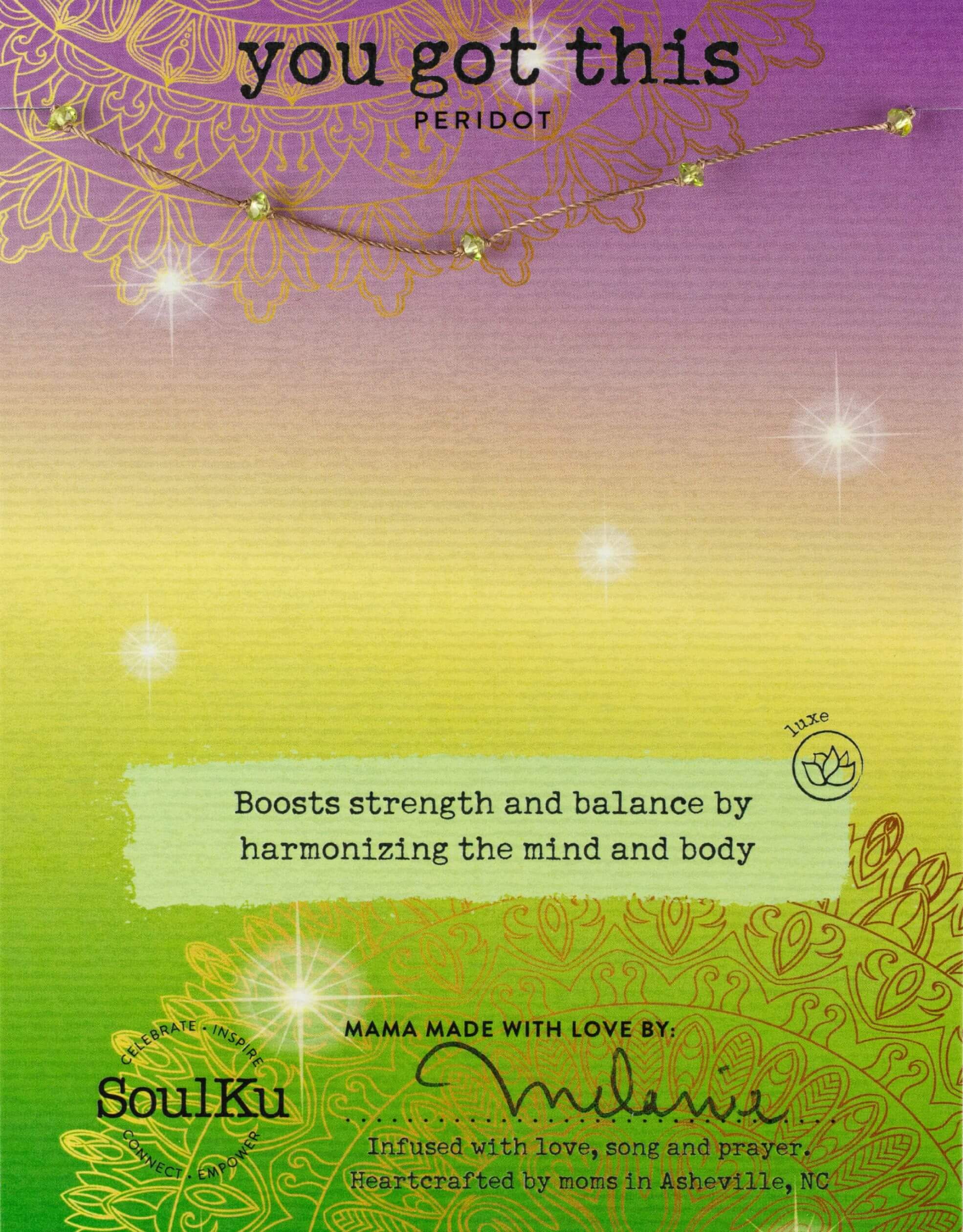 Peridot Celestial Necklace with five floating 4mm gemstone saucers on an adjustable Mighty Miracle cord, inspired by love and stardust.