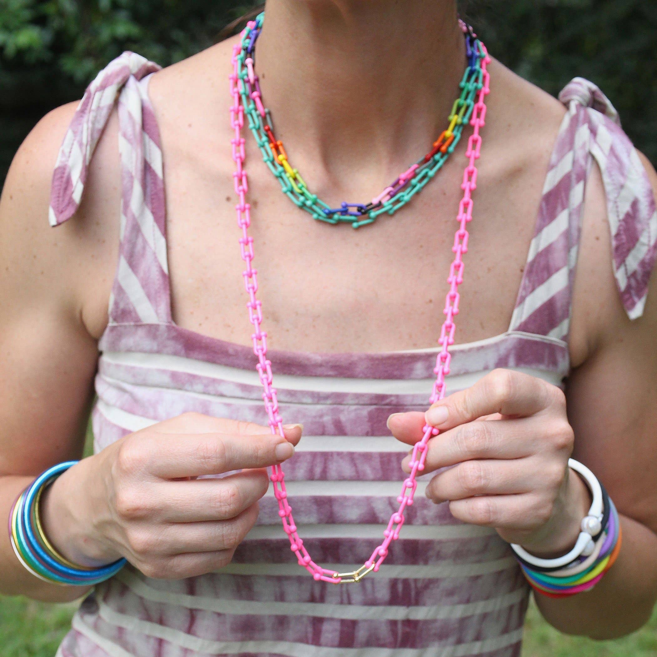 Bohemian Enamel Pop Chain Necklace, Colorful Artisan Jewelry, 18" Pop Clasp Chain