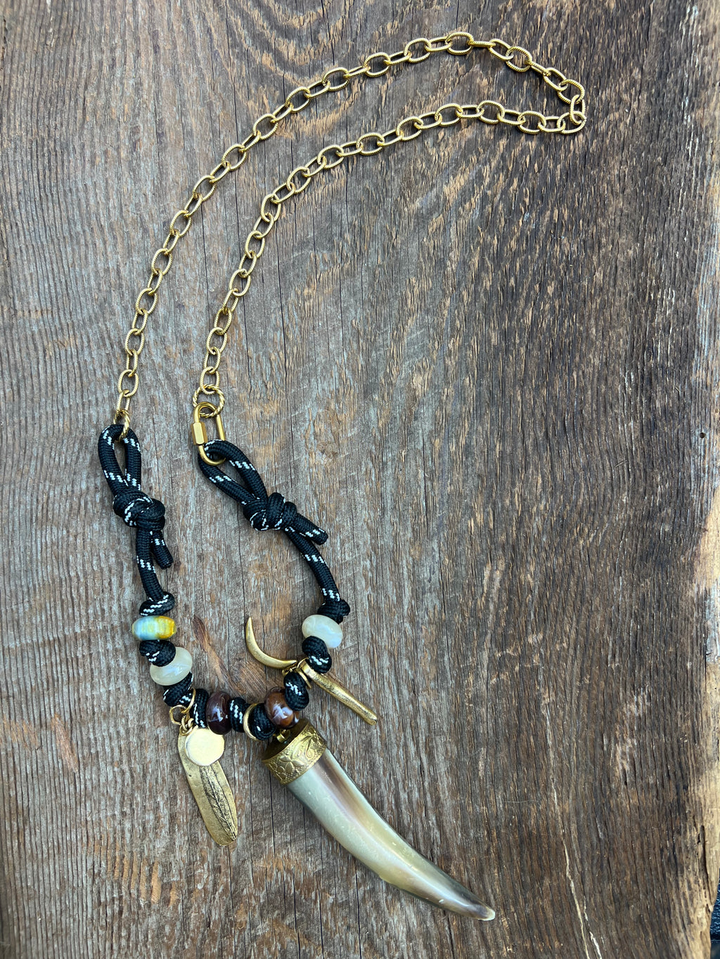 One-of-a-Kind Tied Black Paracord Horn Necklace – Wild Marigold