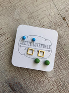 Turquoise Frosted Gold Squares & Lime Green Tiny Geo Stud Earrings Set