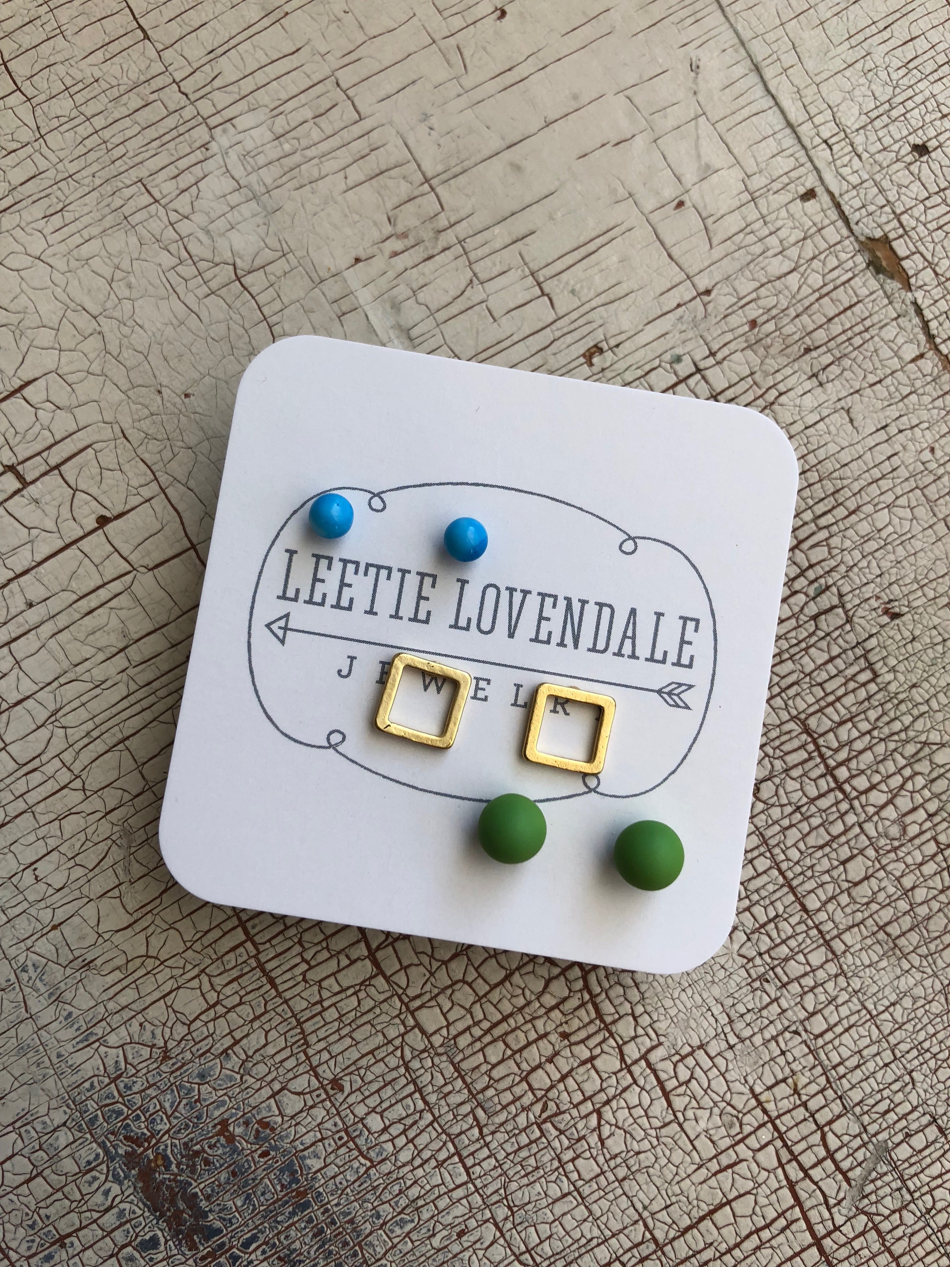 Turquoise Frosted Gold Squares & Lime Green Tiny Geo Stud Earrings Set