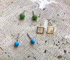 Turquoise Frosted Gold Squares & Lime Green Tiny Geo Stud Earrings Set
