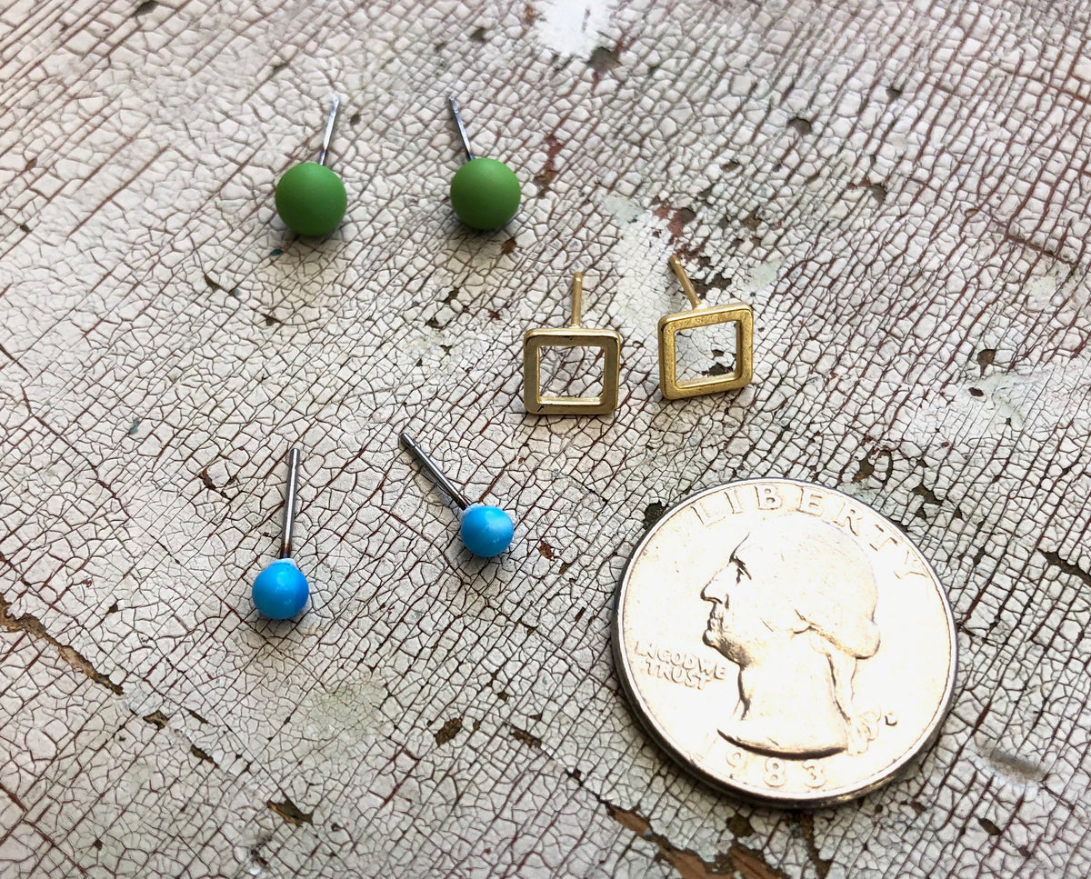 Turquoise Frosted Gold Squares & Lime Green Tiny Geo Stud Earrings Set