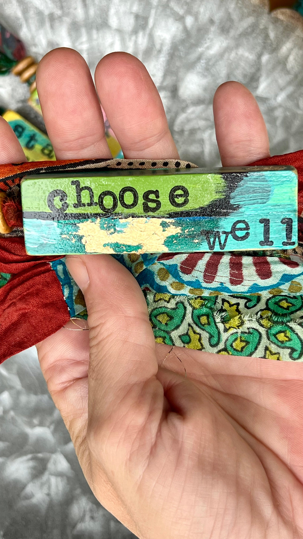 Upcycled Wood Ornament – Hand-Painted Charm with Sari Ribbon – Wild Marigold