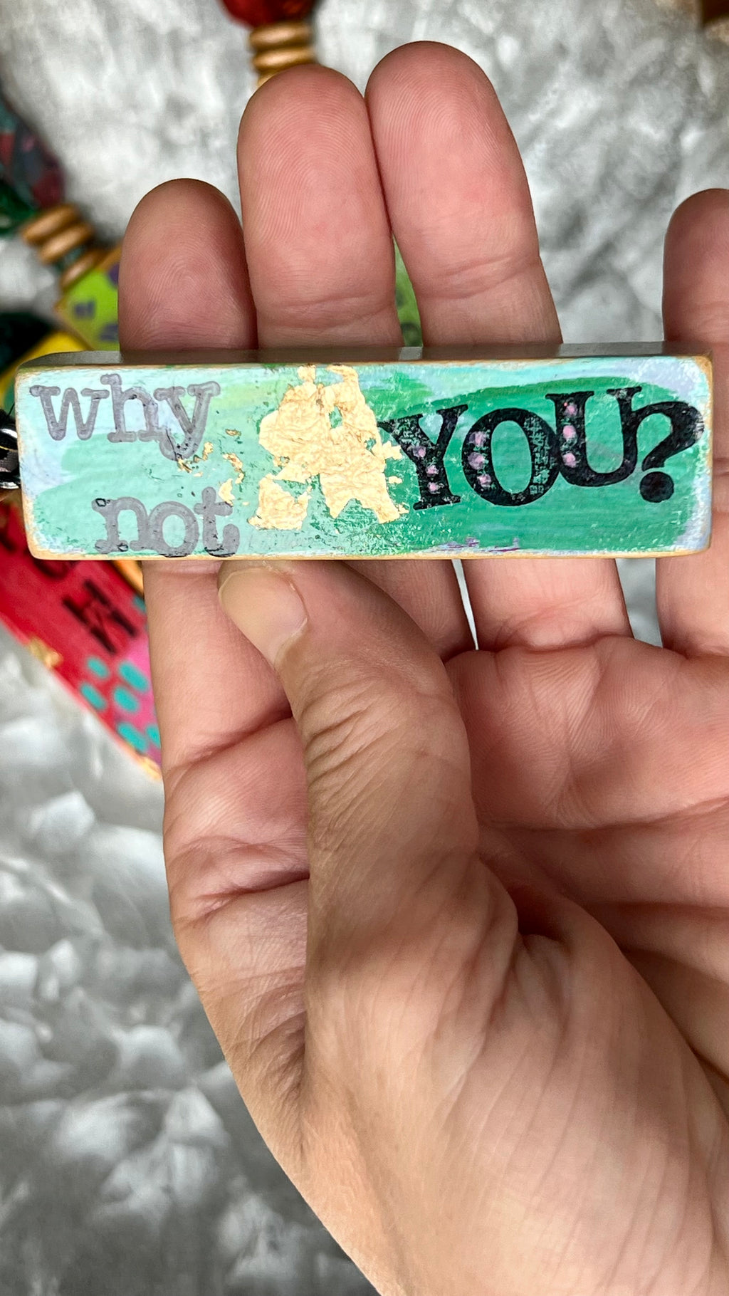 Upcycled Wood Ornament – Hand-Painted Charm with Sari Ribbon – Wild Marigold