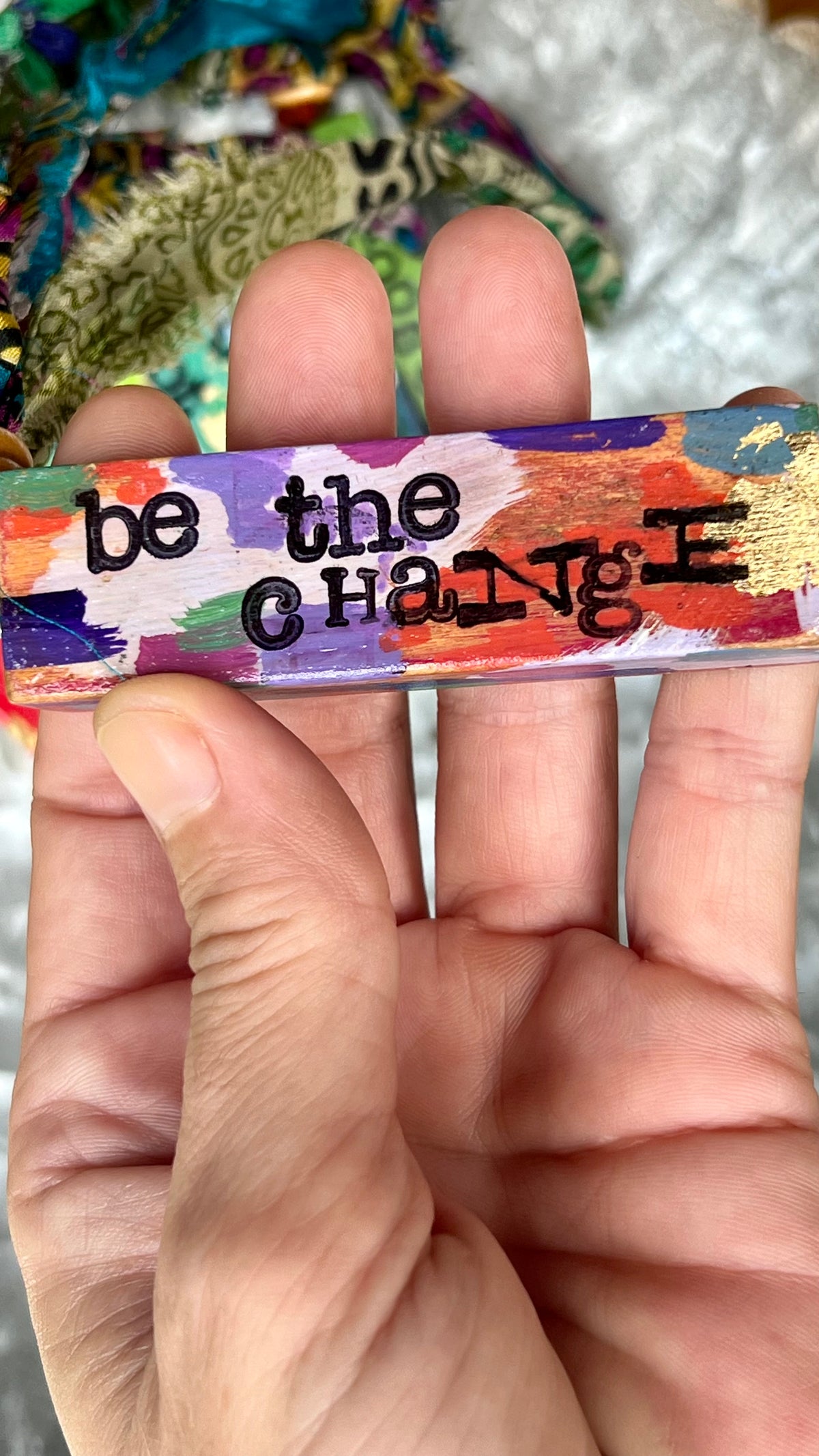 Upcycled Wood Ornament – Hand-Painted Charm with Sari Ribbon – Wild Marigold
