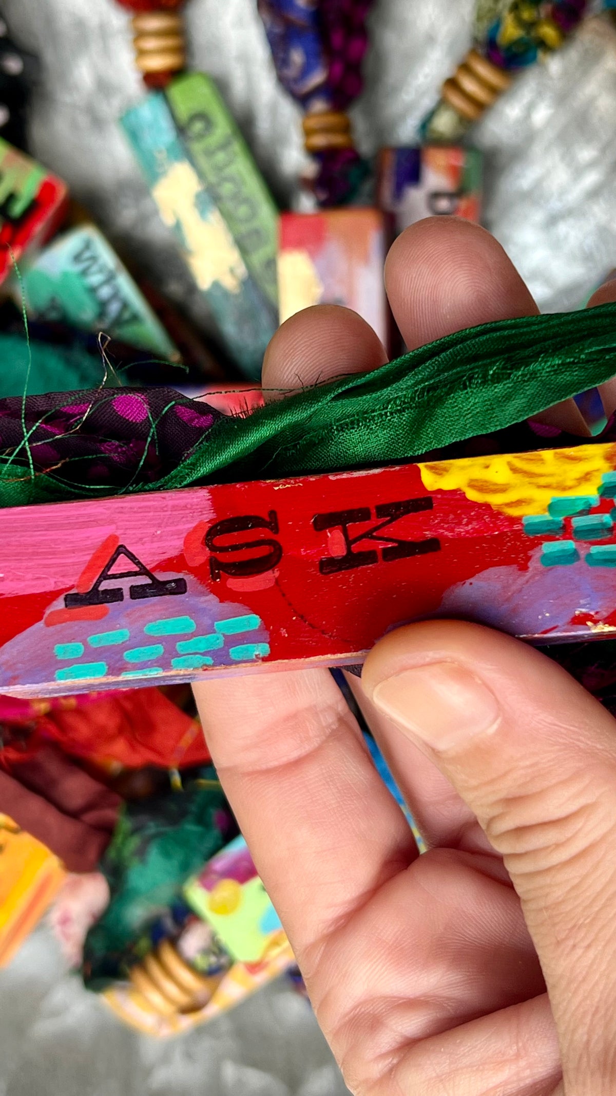 Upcycled Wood Ornament – Hand-Painted Charm with Sari Ribbon – Wild Marigold