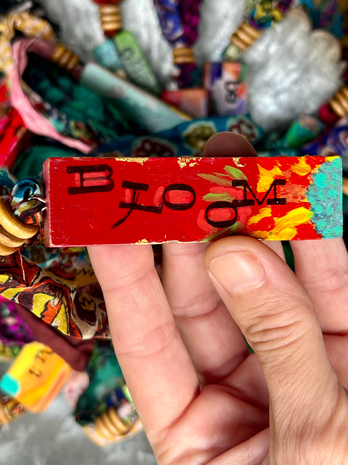 Upcycled Wood Ornament – Hand-Painted Charm with Sari Ribbon – Wild Marigold