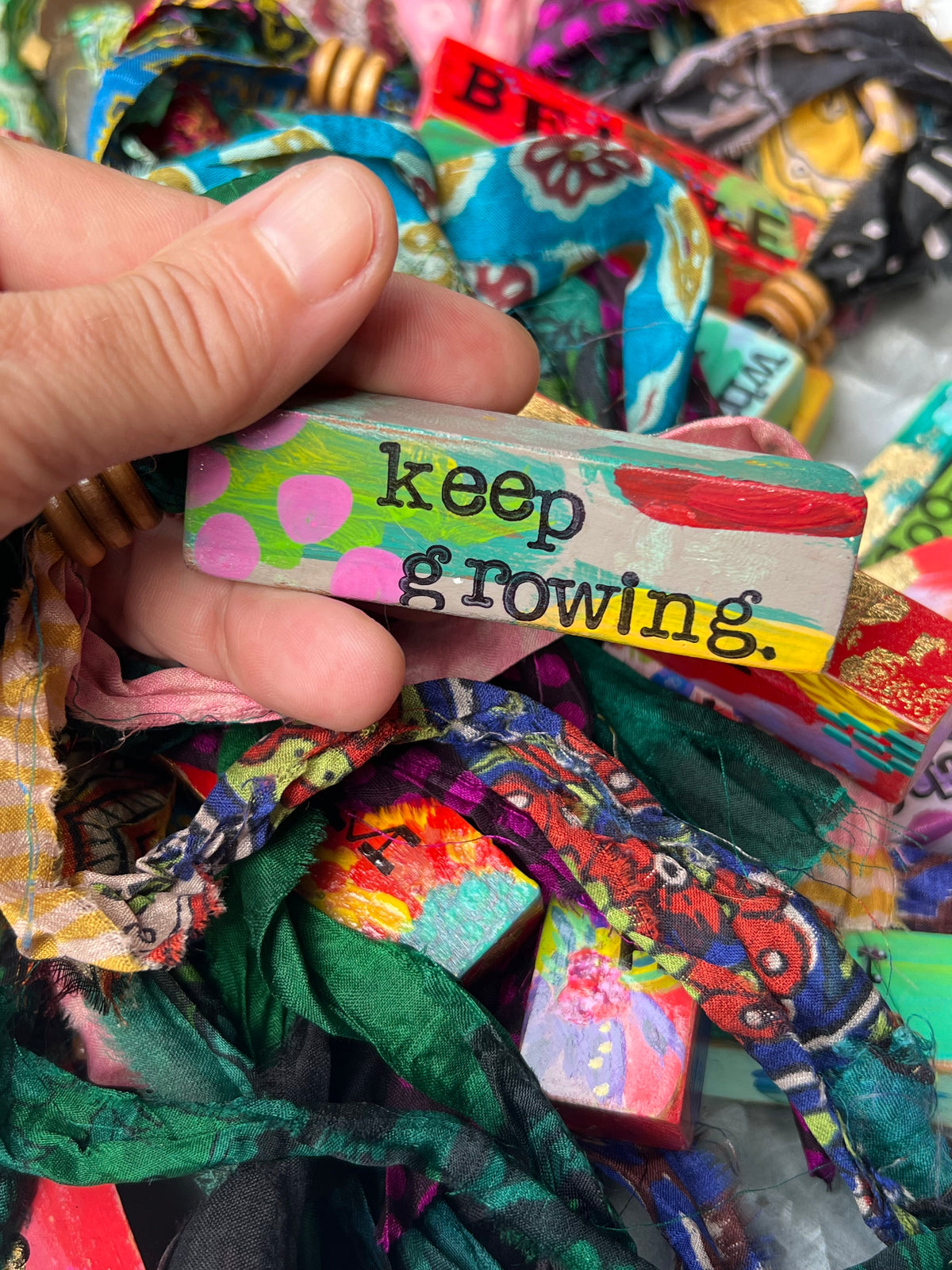Upcycled Wood Ornament – Hand-Painted Charm with Sari Ribbon – Wild Marigold