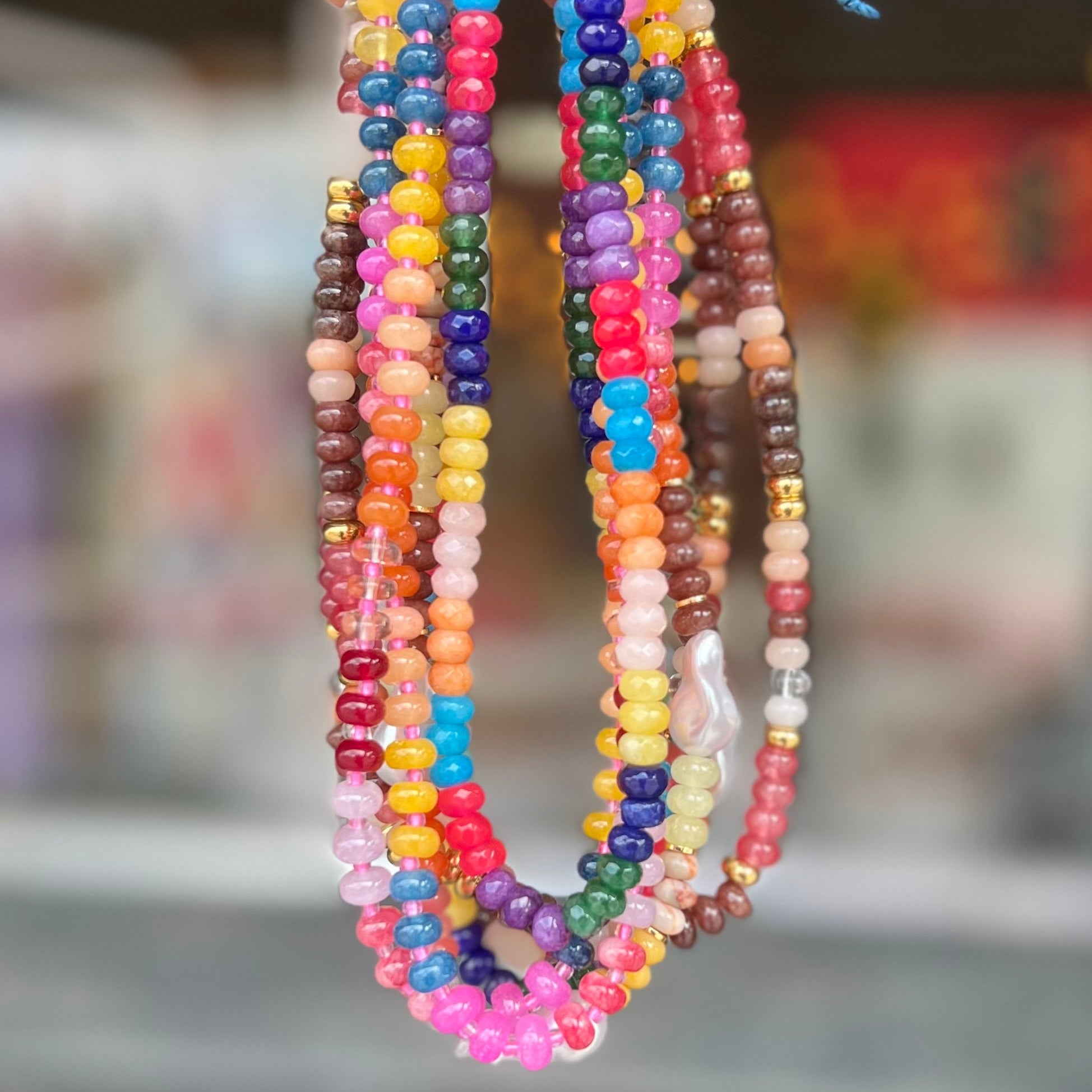 Bohemian Dyed Jade Gemstone Necklace, Bright Faceted Colorblock Beads, Adjustable 19–21"