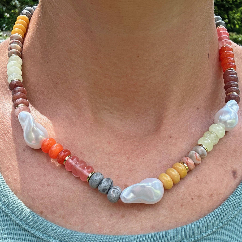 Bohemian Dyed Jade Gemstone Necklace, Bright Faceted Colorblock Beads, Adjustable 19–21"