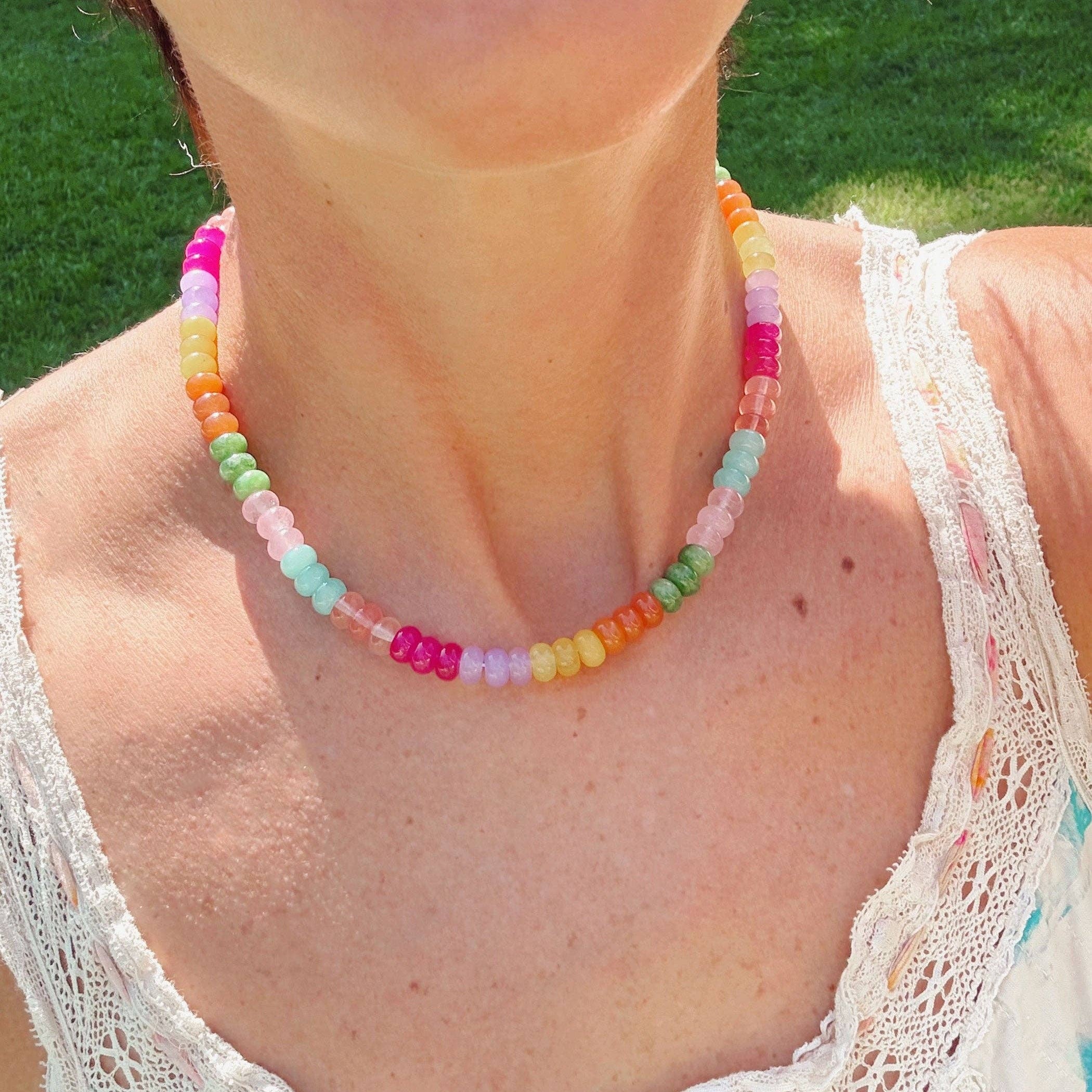 Bohemian Dyed Jade Gemstone Necklace, Bright Faceted Colorblock Beads, Adjustable 19–21"