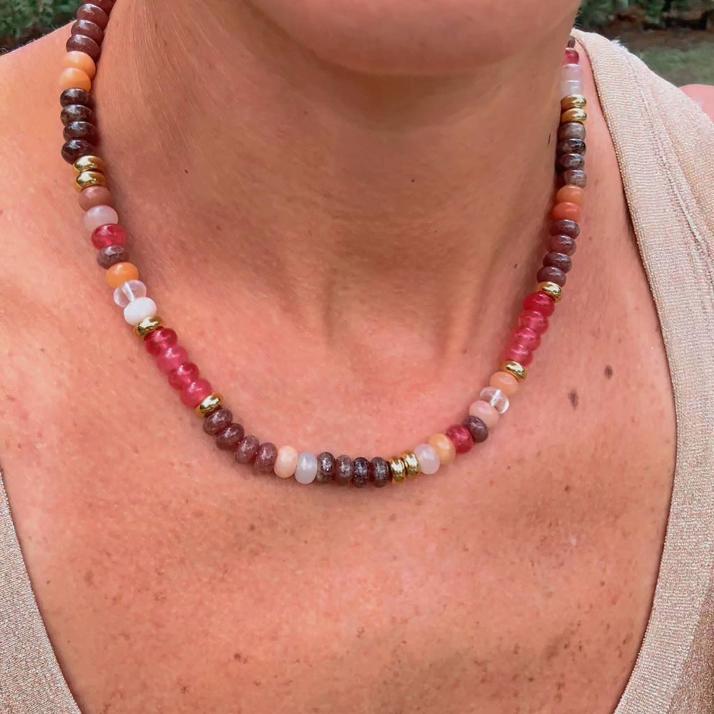 Bohemian Dyed Jade Gemstone Necklace, Bright Faceted Colorblock Beads, Adjustable 19–21"